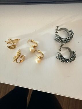 Lot of 3 Clip-On Earring Sets: Butterfly and Pearl and Beaded Hoops